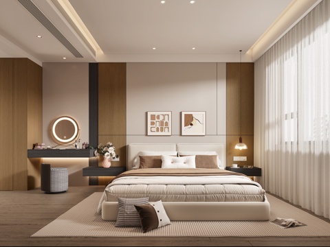  原木风卧室主卧 现代卧室主卧 奶油风卧室主卧 现代床3d模型 