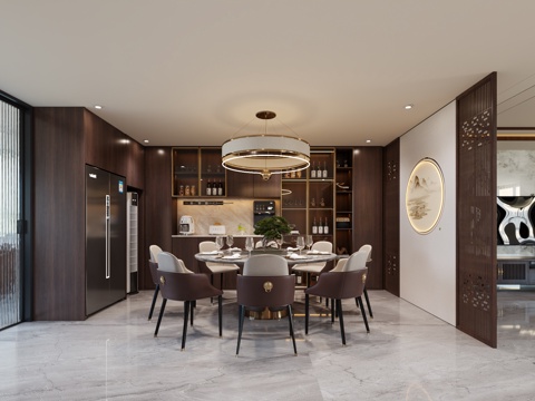 新中式餐厅 新中式圆形餐桌 新中式酒柜餐边柜 中式餐厅3d模型