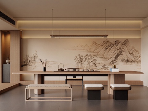 现代新中式茶室 茶桌椅组合 茶具 茶柜 吊灯 茶椅3d模型