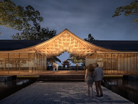 现代异形木构架门厅 廊道廊架su模型