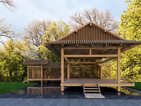 新中式景观亭  建筑廊架 建筑构件su模型