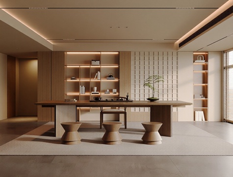  现代新中式茶室 茶桌椅组合 茶具 茶柜 吊灯 茶椅3d模型 