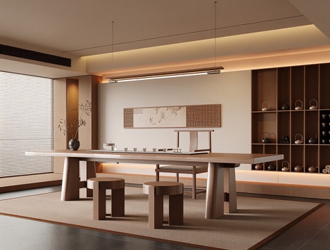  现代新中式茶室 茶桌椅组合 茶具 茶柜 吊灯 茶椅3d模型 