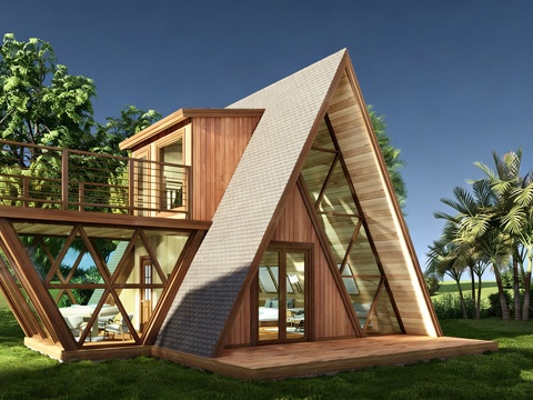 现代简约木屋建筑 亲子阁楼房 木屋酒店民宿建筑su模型