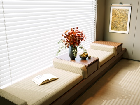  现代中古飘窗柜 飘窗 坐垫 中古风坐垫 坐垫 百叶帘 窗帘su模型 