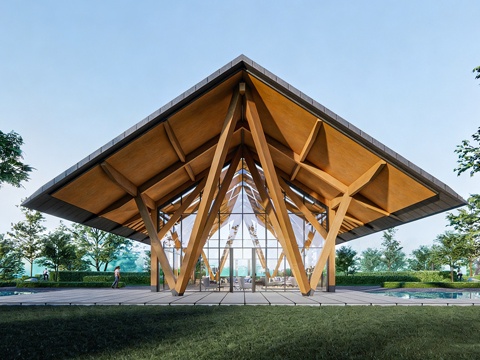 新中式公共建筑 现代木结构建筑  户外建筑构件su模型