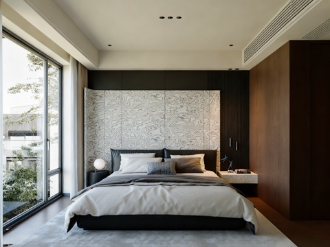  现代极简主卧 意式卧室 意式床 吊灯 摆件3d模型 