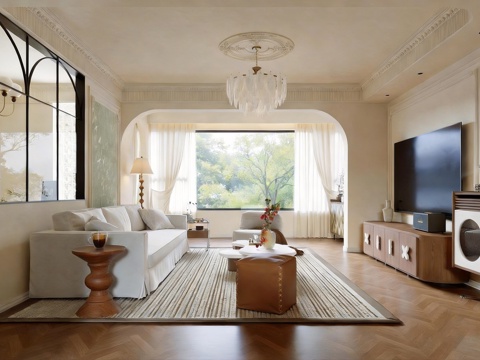  奶油风大平层客餐厅 中古客餐厅3d模型 