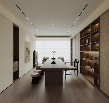  现代新中式茶室 茶桌椅组合 茶具 茶柜 吊灯 茶椅3d模型 