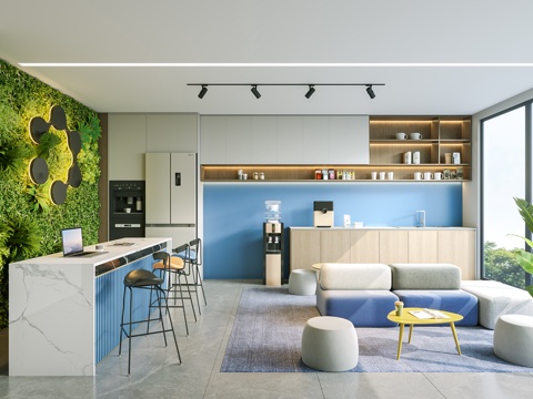 现代 茶水间 办公茶水间 吧台 饮水区 绿植墙 吧台 直饮机su模型