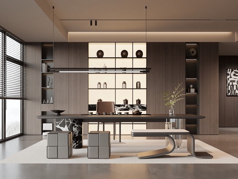  现代意式茶室 茶桌椅组合 茶具 茶柜 吊灯 茶椅3d模型 