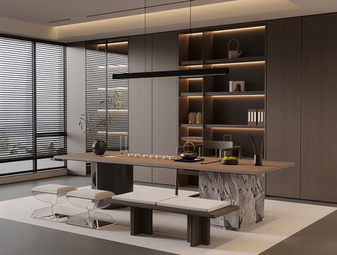  现代意式茶室 茶桌椅组合 茶具 茶柜 吊灯 茶椅3d模型 