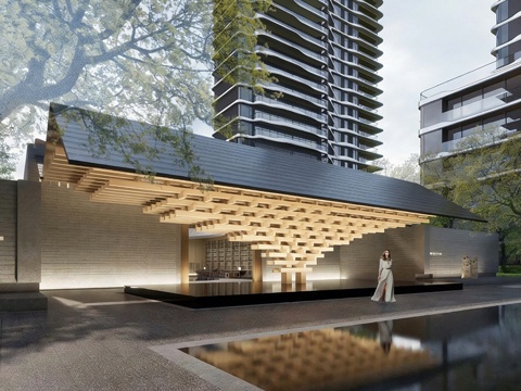 现代原木入口大门 榫卯结构大门su模型