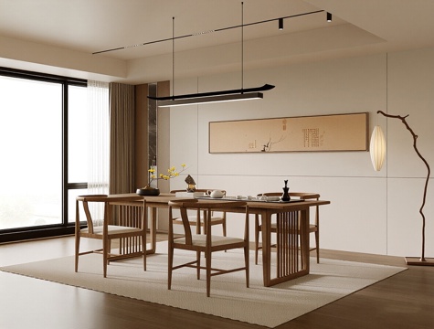  现代新中式茶室 茶桌椅组合 茶具 茶柜 吊灯 茶椅3d模型 