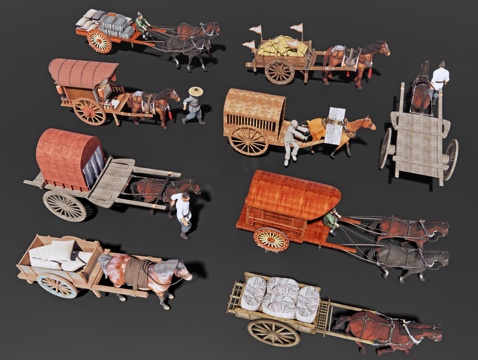 中式马车人物 古风货运人物 古代人物 集市小品su模型