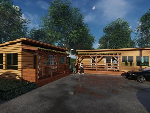 现代驿站建筑  木屋建筑su模型