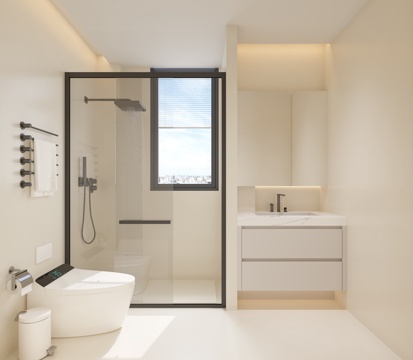  现代卫生间 干湿分离卫生间 卫浴柜 卫浴用品 奶油风卫生间su模型 