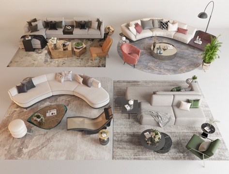 现代客厅沙发茶几组合 沙发 单椅 贵妃椅 几何造型茶几 绿植su模型