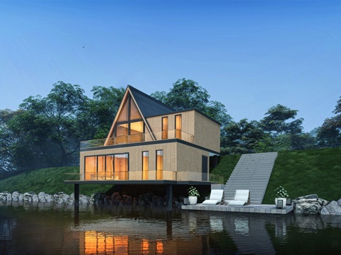 现代滨水民宿建筑 木屋建筑su模型