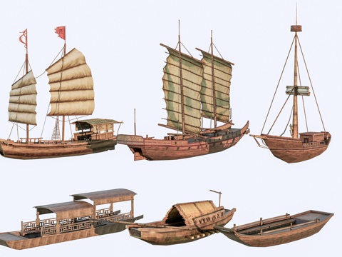  现代乌篷船 木船 渔船 帆船su模型 