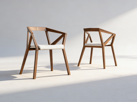 现代简约交叉背休闲椅 深棕色实木框架 客厅对椅 几何线条椅su模型