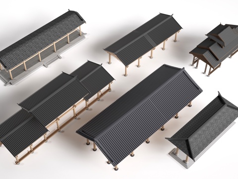 中式长廊 中式廊架 中式连廊su模型