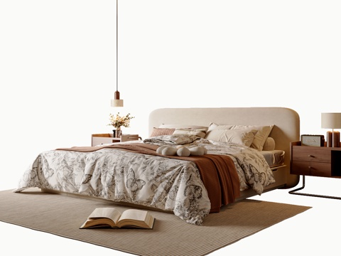  中古风双人床 床头柜 床头吊灯 台灯 布艺双人床3d模型 