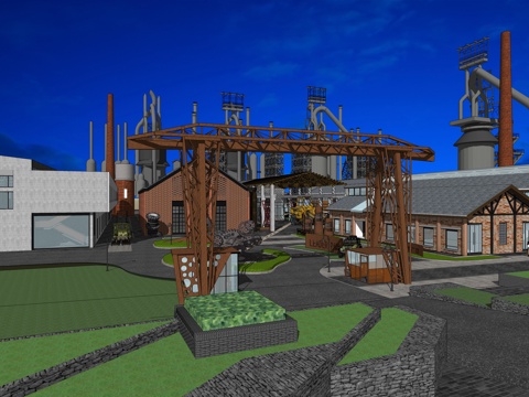 网红打卡工业建筑旧改工厂商业街su模型