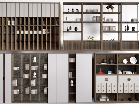  新中式装饰柜 新中式置物架 书架 茶具架su模型 