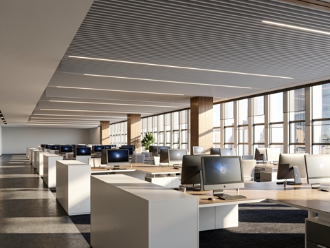  现代公共办公区_开放式办公室_员工办公区_过道_办公桌椅_办su模型 