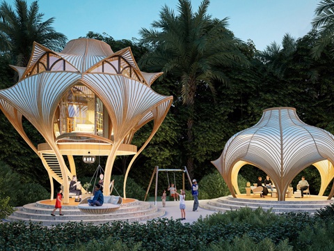 东南亚风格森林木屋 民宿度假酒店 竹编小屋su模型