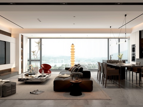  现代家居意式客餐厅 现代意式横厅 无主动客餐厅 沙发茶几组合3d模型 