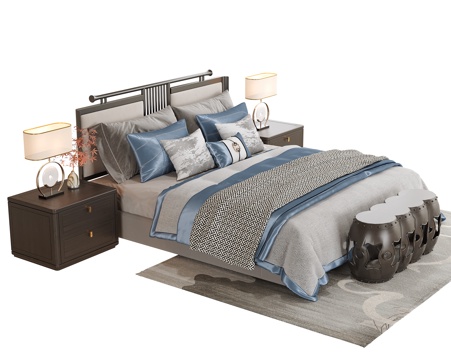  新中式双人床 床头柜su模型 