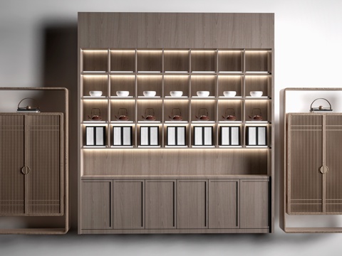  新中式装饰架 博古架 书架 置物架su模型 