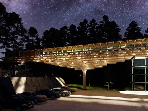 现代观景台 廊架过道 木结构榫卯结构su模型