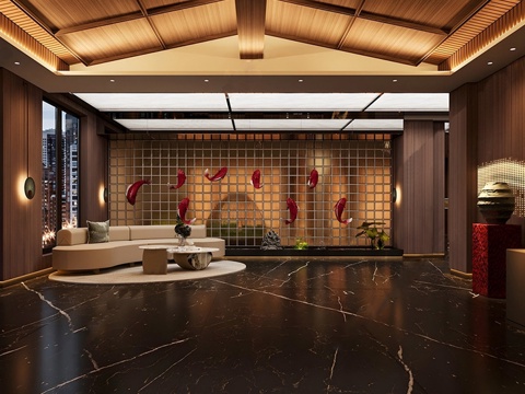 新中式酒店大堂 前厅 按摩店大堂su模型