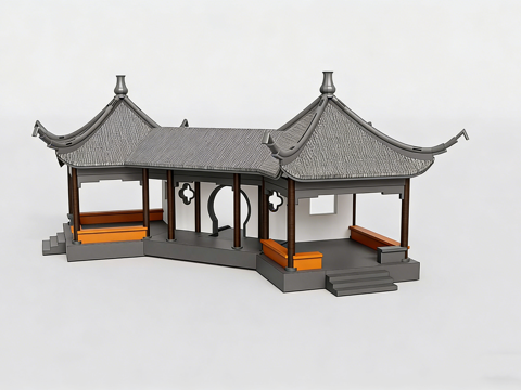 中式四角凉亭 飞檐翘角深灰瓦 棕色木柱美人靠 园林景观 古建su模型