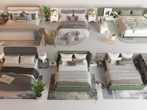  现代双人床组合 皮质双人床 北欧双人床 儿童床 床头柜 单椅su模型 