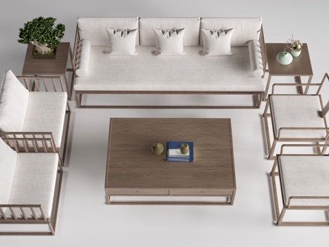 新中式家具 新中式沙发 沙发茶几组合su模型