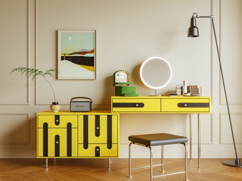  梳妆台 化妆桌 储物柜 化妆柜 化妆品 摆件 多巴胺3d模型 