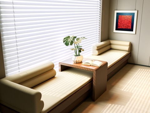  现代卡座沙发 飘窗柜 坐垫 中古风坐垫 沙发卡 百叶帘 窗帘su模型 