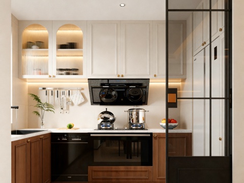  奶油风开放式厨房3d模型 