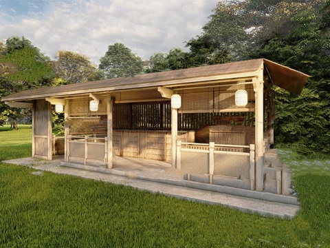 中式茶铺店铺廊架su模型