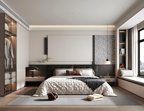 现代黑白灰卧室 双人床卧室 主卧 次卧 双人床su模型