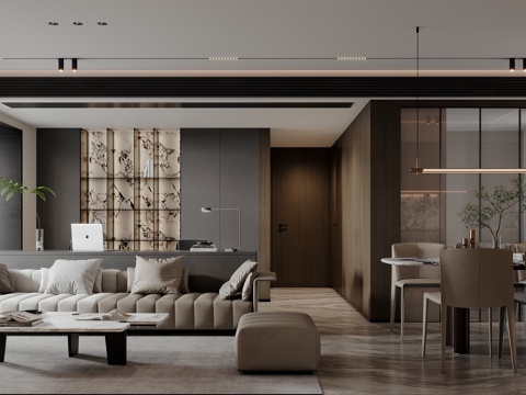  现代黑白灰客餐厅3d模型 