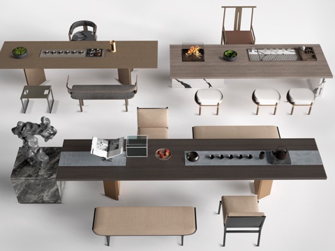 中式茶桌椅 榻榻米茶桌 茶台桌椅su模型