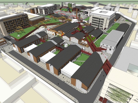 网红打卡工业建筑旧改工厂商业街su模型