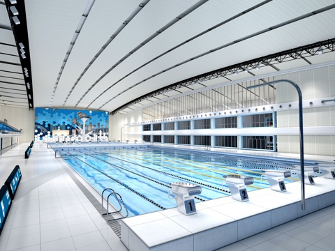  现代游泳池 游泳馆 游泳跳台su模型 