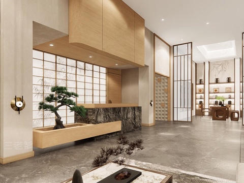 新中式酒店大堂 酒店大厅 足浴店大厅su模型