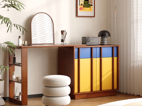  中古风梳妆台 实木梳妆台 妆凳3d模型 